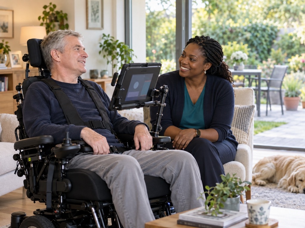 Caregiver sitting with client in power wheelchair using assistive communication device at home