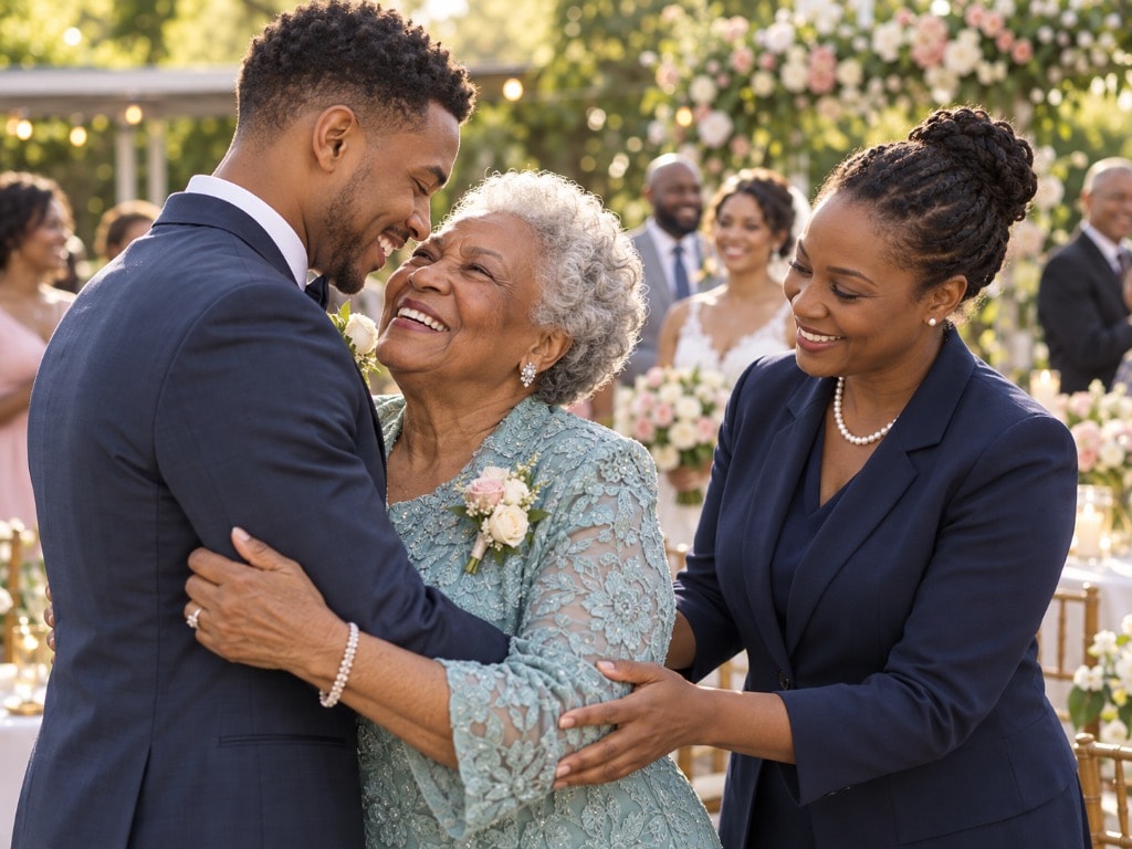 Caregiver companion supporting an elderly woman at a family wedding celebration