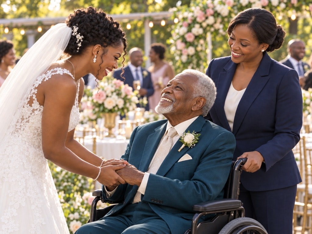 Caregiver companion supporting an elderly man in a wheelchair at a wedding celebration with his family